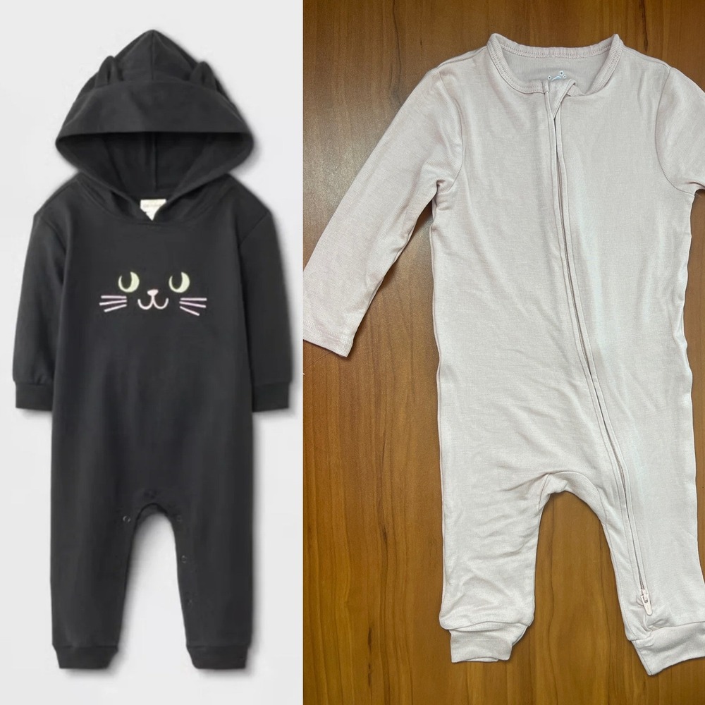 Cat & Jack Black Cat Hooded Romper & Cloud Island Pink Ribbed Sleeper 6-9M Lot